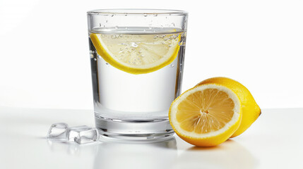 Glass of water with lemon , Magazine Style , Cinematic Style Captured With Sony FX3 27-70mm , Quality Enhanced With Ai 
