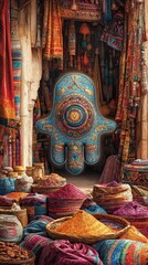 Fototapeta premium Hamsa Hand Desert Market Judaism, Islam Religion Spiritual Symbol - Generative AI