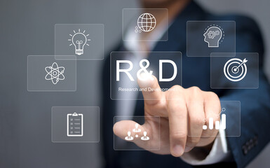 Businessman working with r and d sign. R D icon network business technology concept, R D, Research and development, strategy, action plan, manage and working project more efficiently..