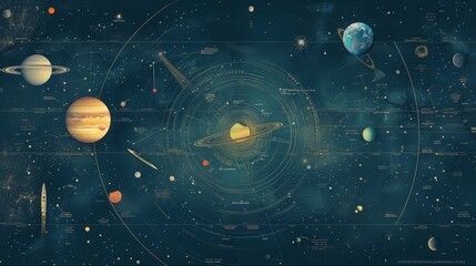 Detailed map of our solar system with planets in alignment 