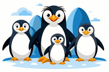 Naklejka premium Four Penguins Standing on Ice with Mountains in the Background