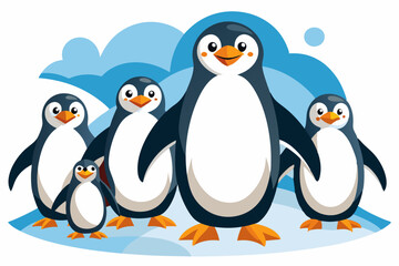 Five Cartoon Penguins Standing on Ice