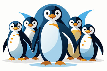 Fototapeta premium Group of Five Cartoon Penguins on White Background