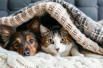 Naklejka na ściany i meble Charming dog and cat duo peering out from under a warm, knitted blanket