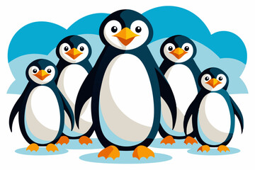 Fototapeta premium Five Cartoon Penguins Standing on Ice