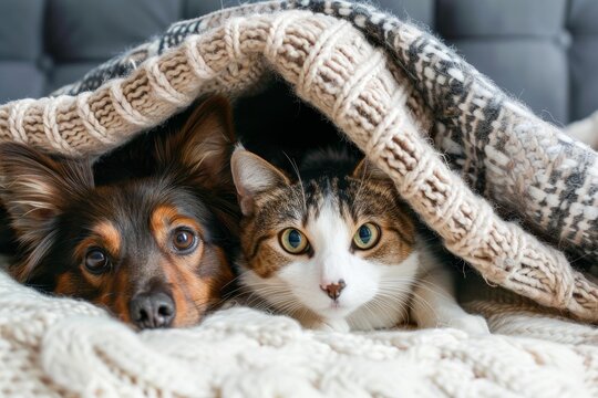 Charming dog and cat duo peering out from under a warm, knitted blanket