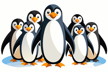 Fototapeta premium Seven Cartoon Penguins Standing on Ice