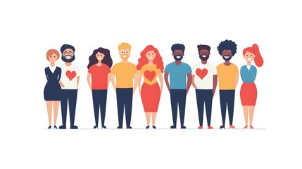 Fototapeta premium Diverse group of people standing together, each with a heart on their chest, representing unity and love.