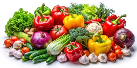 A Colorful Array of Fresh Vegetables, White Background, Top View, Food Photography, Fresh Produce, Healthy Eating, Vegetarian