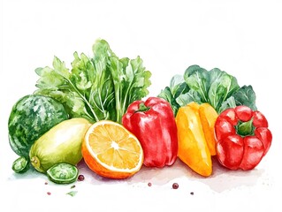 Fresh vegetables and fruits, including peppers, oranges, limes, and zucchini, arranged on a white background.