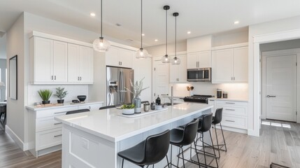 Fototapeta premium Chic kitchen design featuring white countertops and a minimalist dining area.