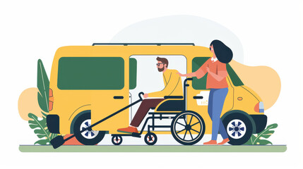 Fototapeta premium Accessible transportation: a woman helping a man in a wheelchair onto a van ramp, emphasizing disability and movement