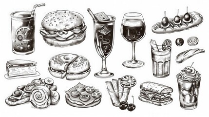 charm of hand-drawn food doodles, featuring appetizing treats, beverages,