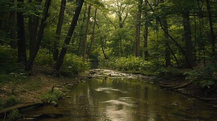 Fototapeta premium A tranquil forest creek, surrounded by lush greenery and tall trees, offers a serene escape into nature's embrace.