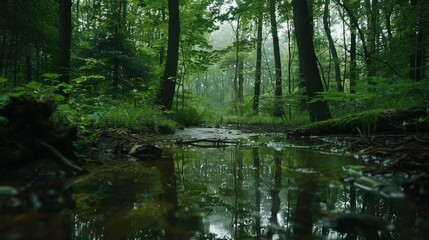 Obraz premium A serene forest with lush green trees, reflecting in a calm, shallow stream, creating a peaceful and tranquil natural landscape.