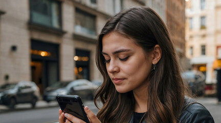 Fototapeta premium A girl with a smartphone is reading messages on the street.
