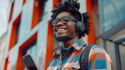 Obraz premium A young African American man wearing headphones and glasses smiles while holding a mobile phone, with modern architecture featuring bright red and white elements in the background