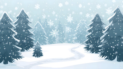 Obraz premium A festive winter background featuring snow-covered trees and falling snowflakes creating a serene and magical atmosphere
