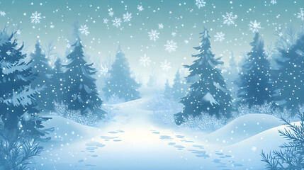 A festive winter background features a serene snow-covered landscape with gentle snowfall and tall pine trees under a blue sky