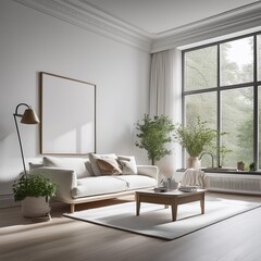 Fototapeta premium a living room with white walls and a large window