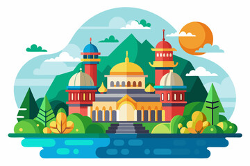 Flat Illustration of a Mosque with Surrounding Nature