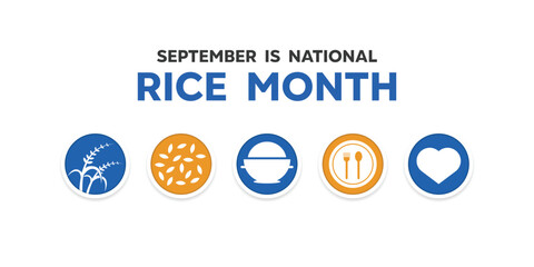 National Rice Month. Rice, plate, spoon, fork and heart. Great for cards, banners, posters, social media and more. White background.