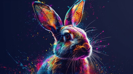 A vibrant, colorful rabbit portrait with a splash of paint effect.  The dark blue background creates a dramatic backdrop for the colorful animal.