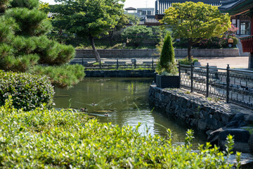 Fototapeta premium View of the pond and garden in Namsangol Hanok village, a recreated village of historical Korean buildings in Seoul, South Korea