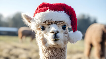 Obraz premium A cute alpaca wears a festive red Christmas hat, looking joyful and charming against a soft blurred background of a farm setting