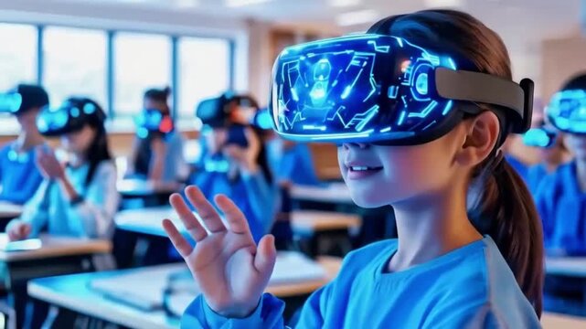 School student with VR headsets using AI artificial intelligence technology learning AI blue hologram in education, Children enjoy the fun