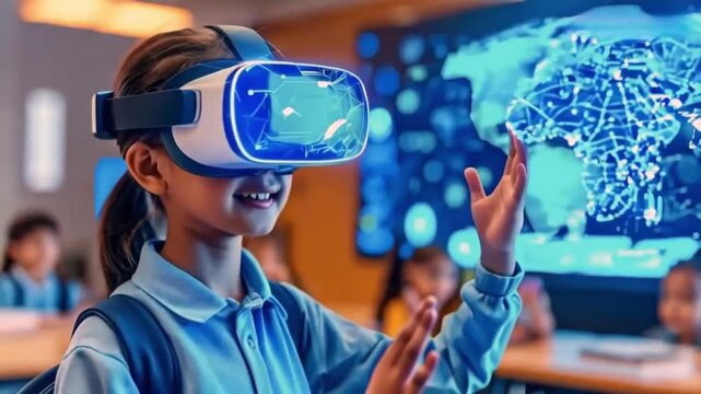 School student with VR headsets using AI artificial intelligence technology learning AI blue hologram in education, Children enjoy the fun