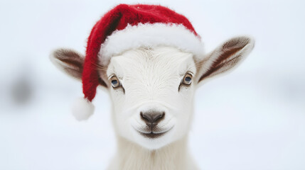 A cute baby goat wearing a red Christmas hat poses adorably against a snowy backdrop, evoking holiday cheer and warmth
