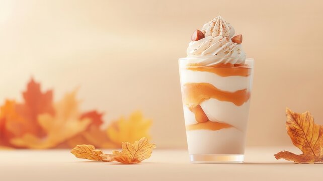 An elegant ice cream parfait with layers of spiced pumpkin, maple, and roasted chestnut, served in a tall glass, with a background of autumn foliage, in a luxurious, detailed illus