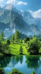 A picturesque landscape of the Alps, with majestic mountains in the background and lush greenery around a serene lake
