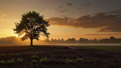 Panoramic view of a young tree bathed in the warm glow