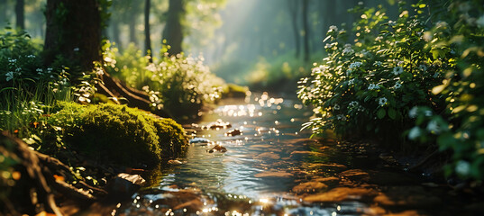 A Tranquil Woodland by a Bubbling Stream Bathed in Autumn Colors
