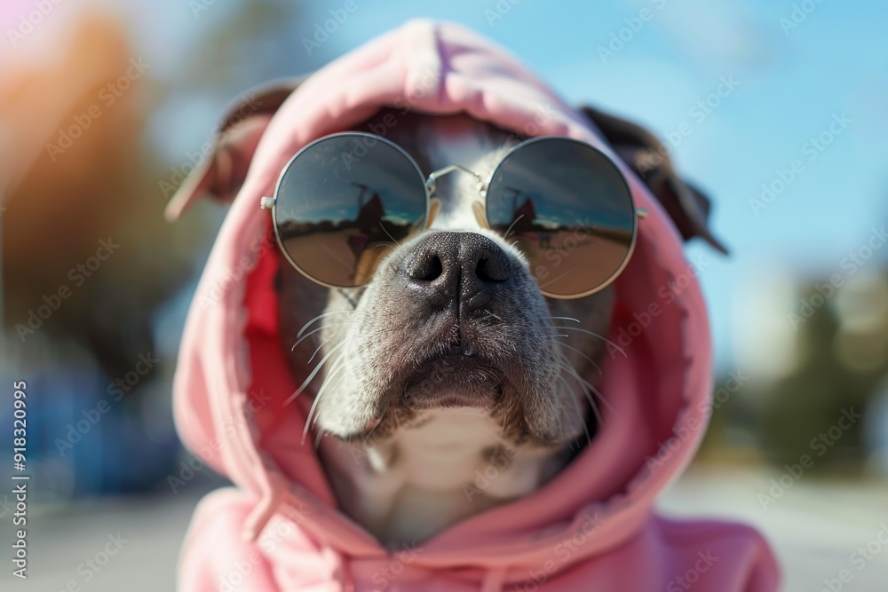 Canvas Prints Cool dog wearing aviator sunglasses and a pink hoodie enjoys a sunny day