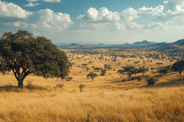 A vast golden landscape with scattered trees under a cloudy sky.