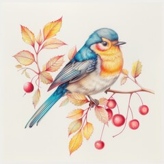 Fototapeta premium Colorful bluebird perched on a branch with autumn leaves and red berries in a watercolor illustration.