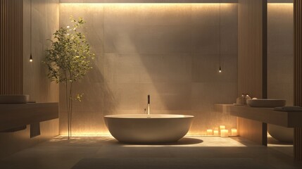 Elegant modern bathroom with a sleek bathtub, ambient lighting, and minimalist decor, exuding tranquility and relaxation.