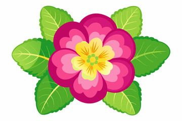 Pink Flower with Green Leaves on a White Background