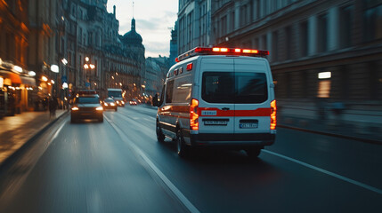 Modern Ambulance Racing Down City Street - Rear View