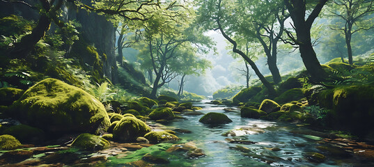 A Tranquil Woodland by a Bubbling Stream Bathed in Peaceful Light
