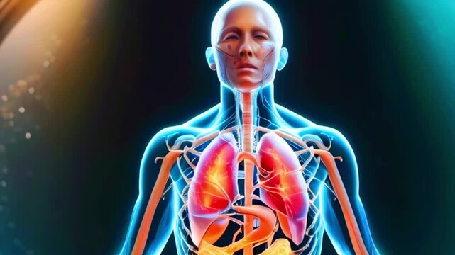 A 3D medical illustration of the human body's internal organs, including the lungs and digestive system.