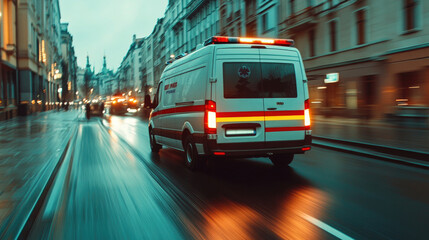 Fototapeta premium Modern Ambulance Racing Down City Street - Rear View