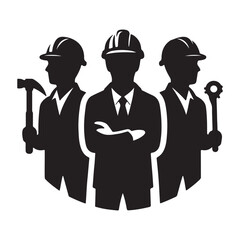 Team of Construction Workers in Hard Hats - Industrial Workforce Illustration Black Silhouette