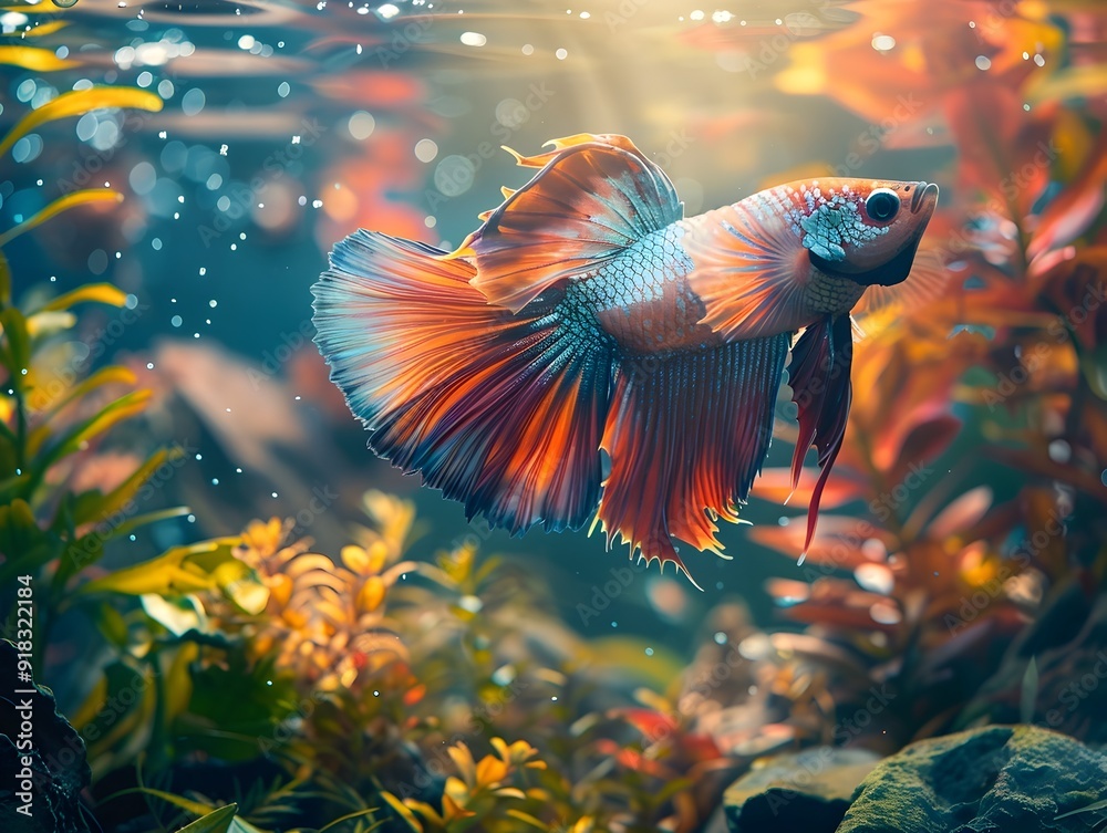 Sticker Vibrant Betta Fish Flaring its Fins in Lush Aquatic Setting with Detailed Plants and Rocks