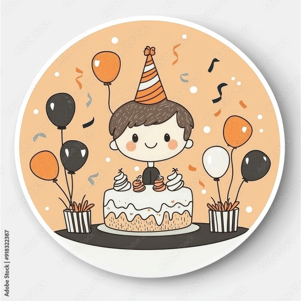 Wall mural Happy Birthday Boy with Cake and Balloons