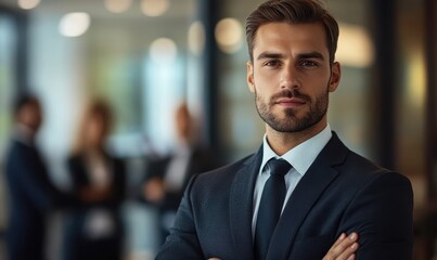 Fototapeta premium leader businessman in suit in with blurred team people in office, successful teamwork and confident manager