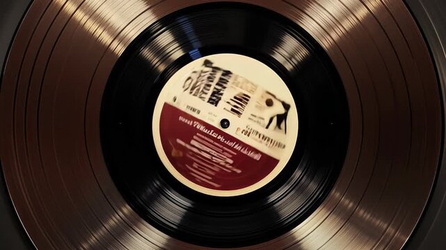 close-up of a spinning vinyl record on a turntable, capturing the texture of the grooves and the warm, nostalgic atmosphere of analog music playbac
